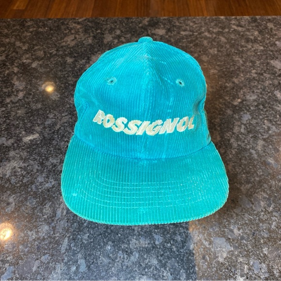 VTG Rossignol Spell Out Corduroy Hat Zip Strap Embroidery Teal Ski Snowboard Cap - Picture 1 of 11